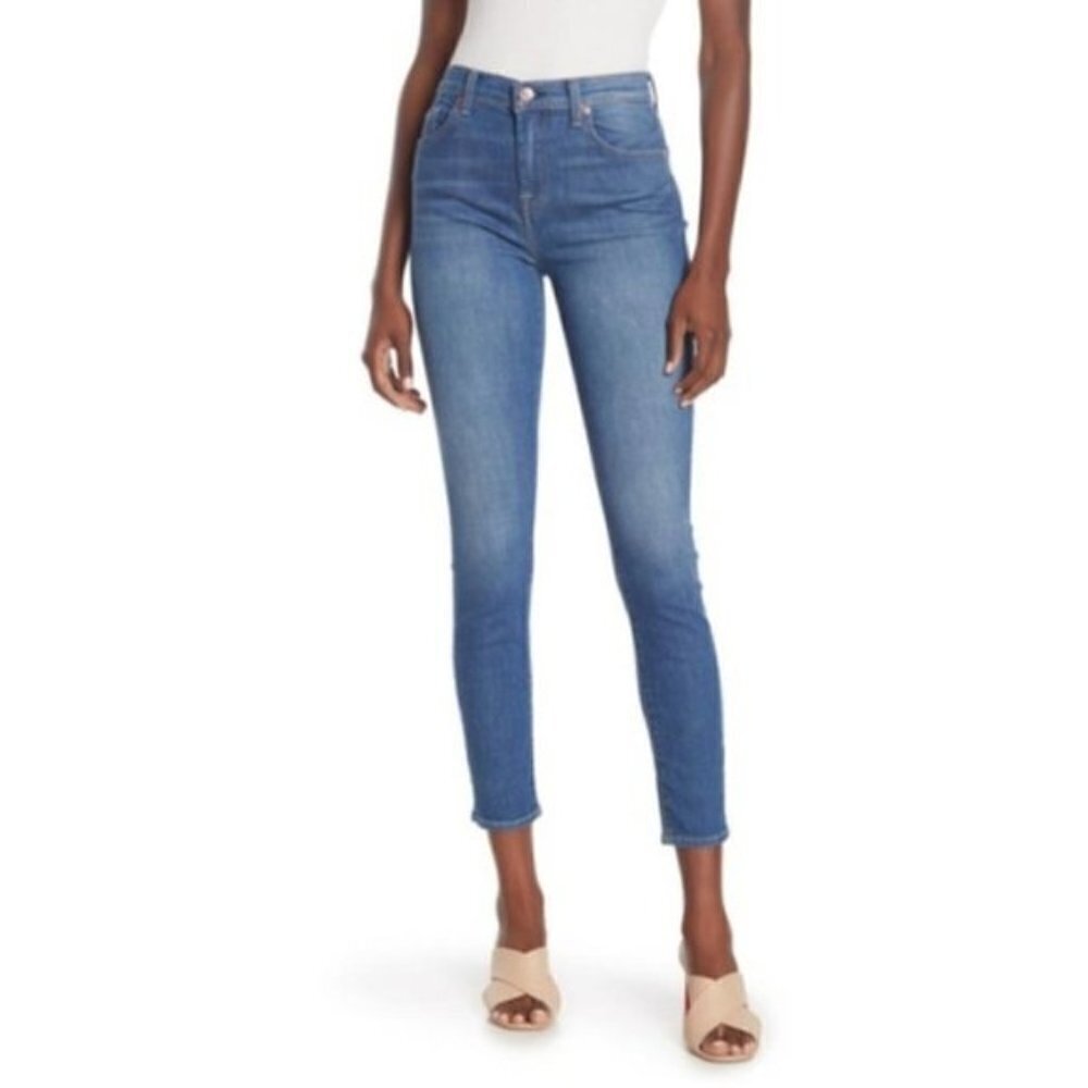 7 For All Mankind Womens High Rise Med Wash Cropped Skinny Jeans Sz 30 New